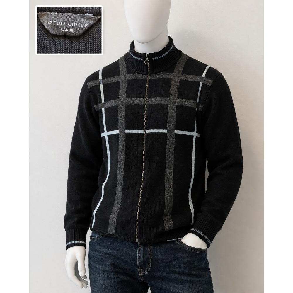 Men's Full Zip Knit Sweater Jacket Plaid Check Black Gray Large Casual